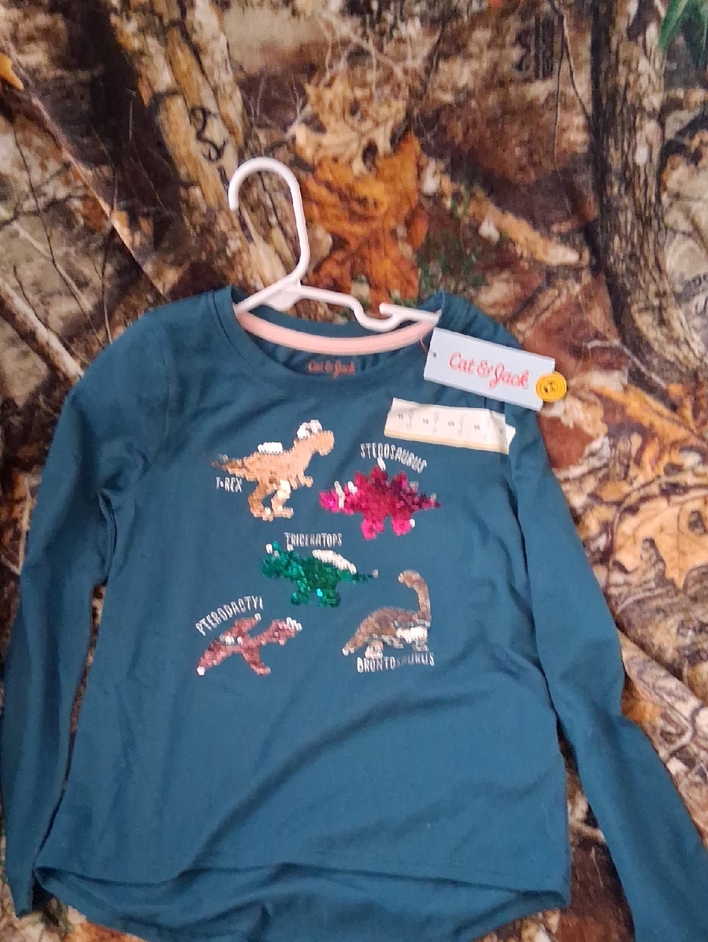 Cat & Jack Teal Long-Sleeve Shirt with Sequin Dinosaur Designs